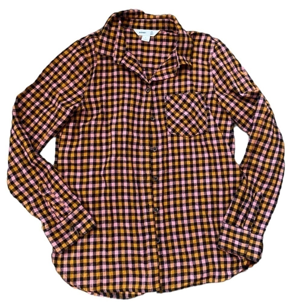 Old Navy Gingham Pink orange plaid button down tunic shirt size small